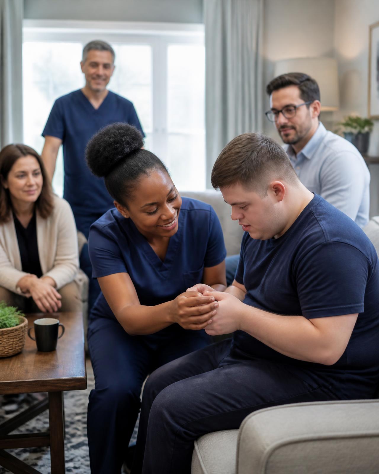 Healthcare and direct support professionals working with a resident in a group home