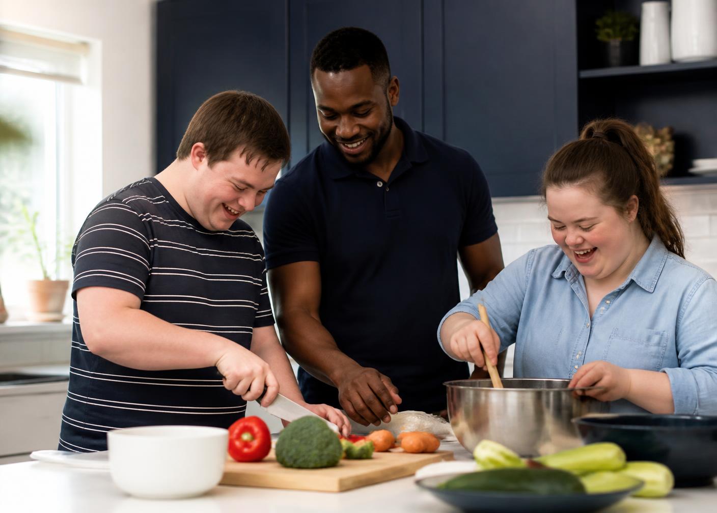 A direct support professional cooking with residents in a group home kitchen