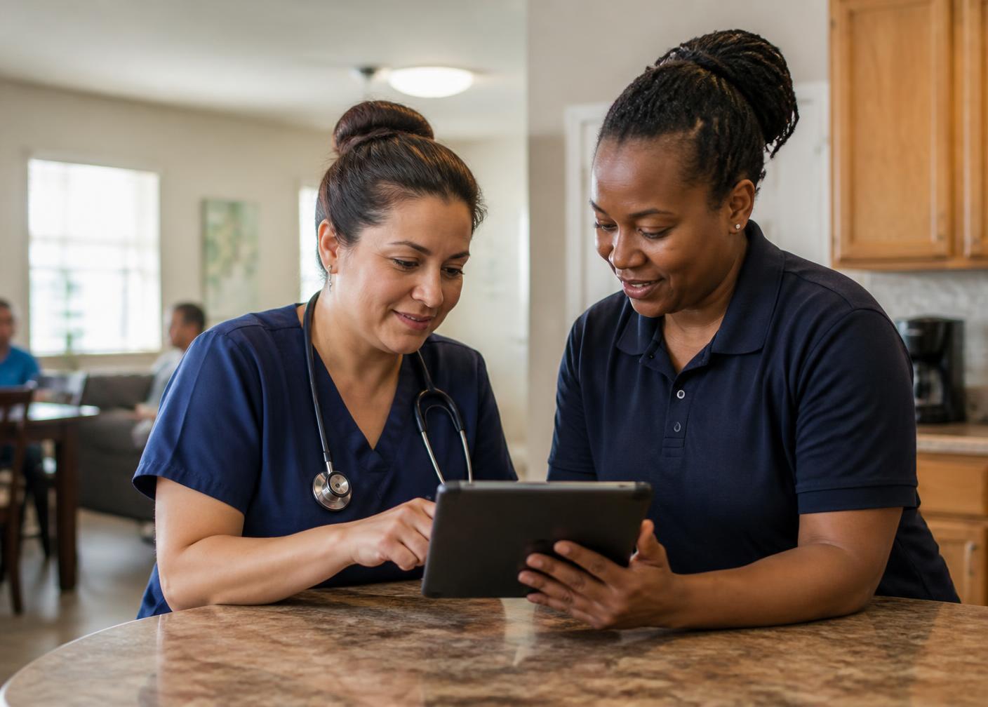 A nurse and a direct support professional reviewing a staffing schedule together
